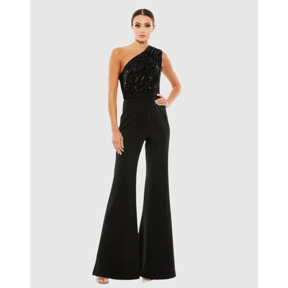 Mac Duggal Sequin One Shoulder Jumpsuit 2 Black Flare Leg Gala